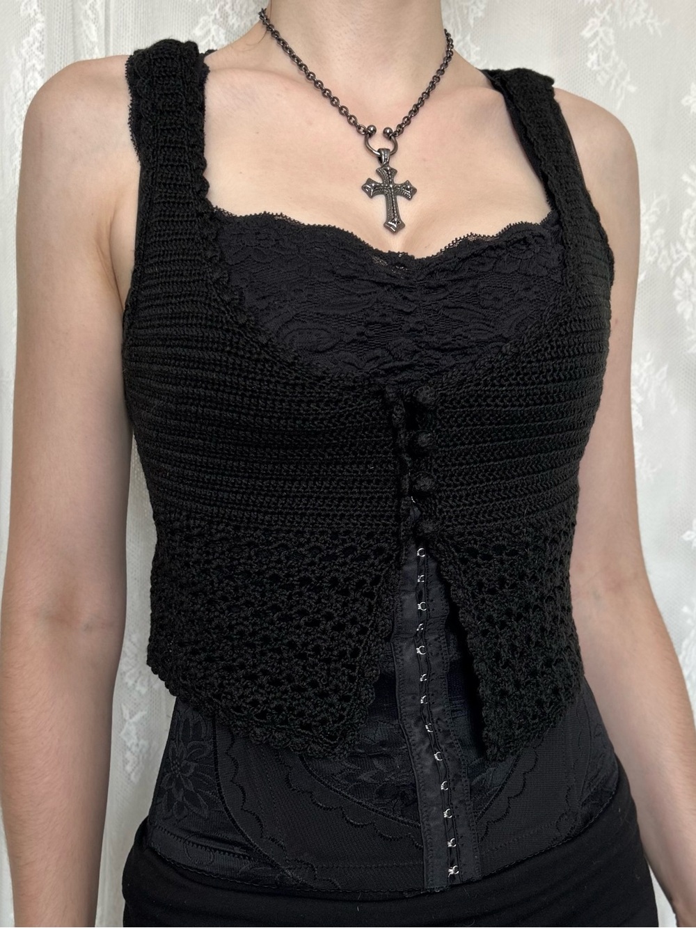 Y2K Whimsygoth Black Cropped Crochet Vest